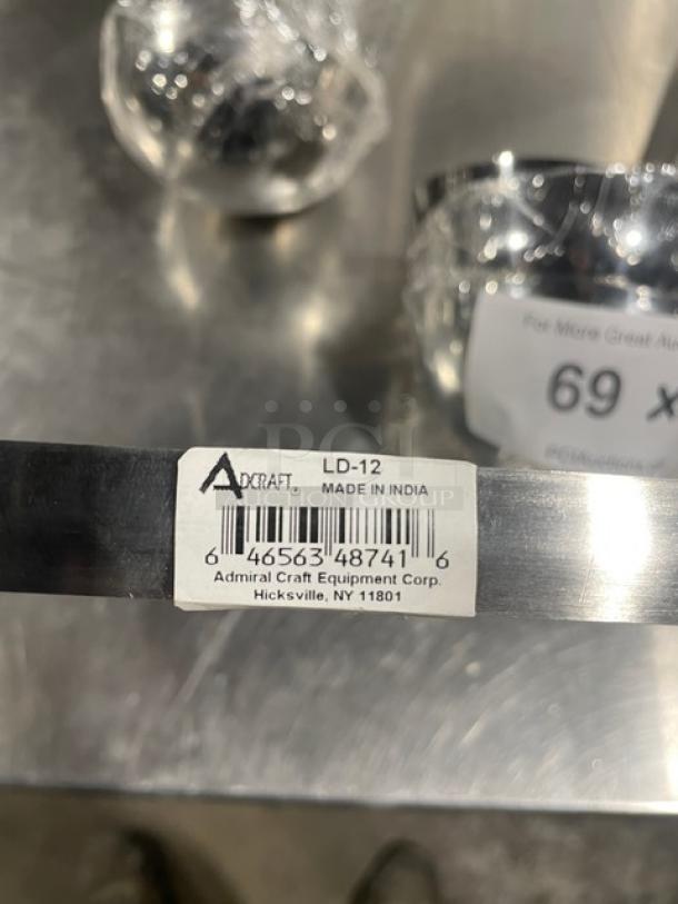 Adcraft stainless steel 12 oz. serving ladle, model LD-12. New condition with barcode label. Made in India.