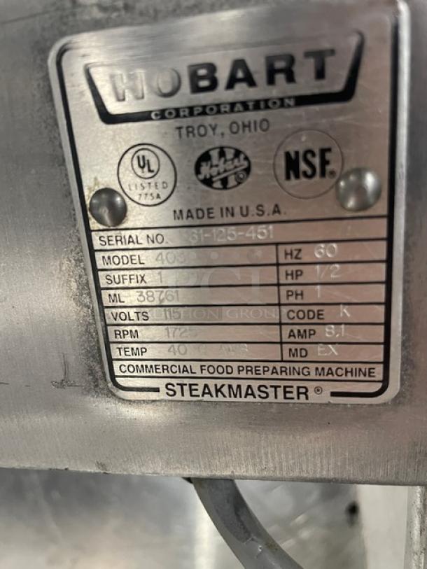 Hobart SteakMaster Series stainless steel meat tenderizer, model 403-1, 115V, 1 phase, electric-powered, serial 61-125-451.