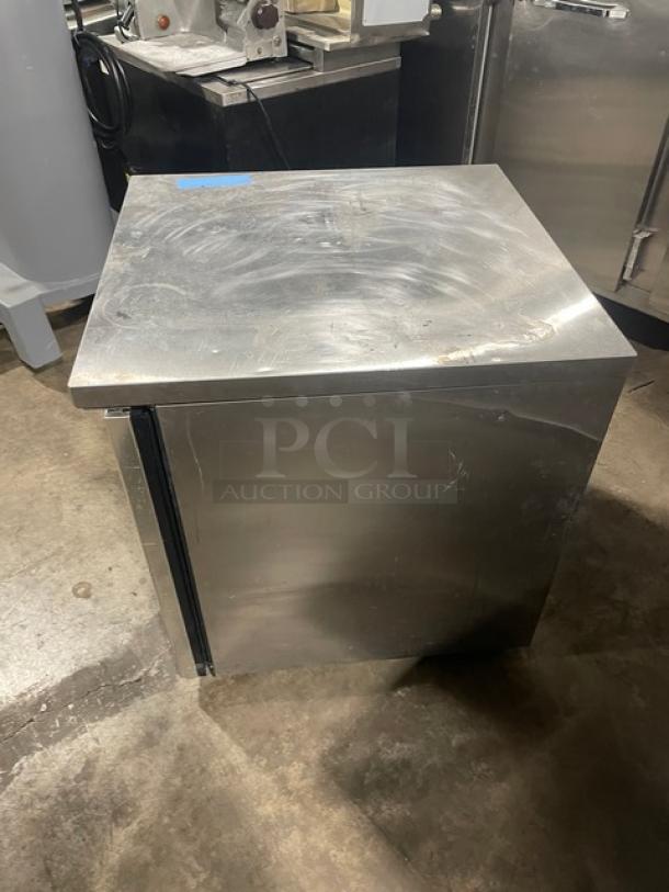 True TUC-27G-LP-HC-LD stainless steel undercounter merchandiser refrigerator, single glass swing door, poly-coated rack.