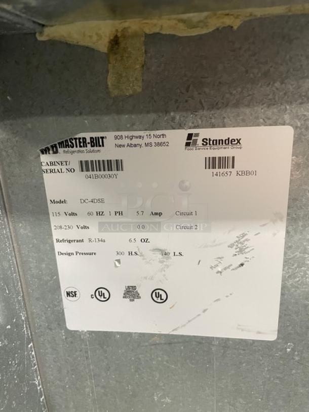 Master-Bilt DC-4DSE stainless steel ice cream dipping cabinet label, 115V, R-134a refrigerant, serial 041B00030Y.