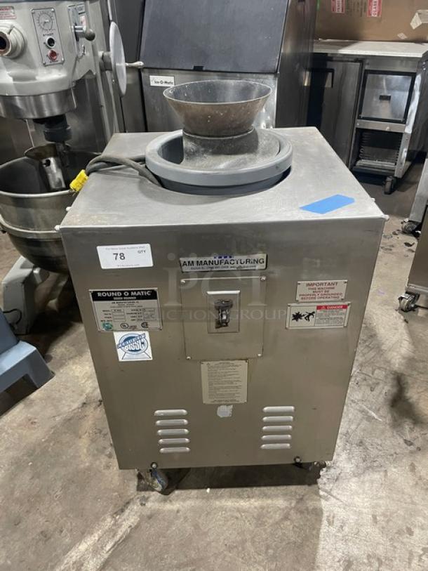 AM Manufacturing R900RT commercial stainless steel dough rounder, electric-powered, on casters, 120V, 1 Phase, visible labels.