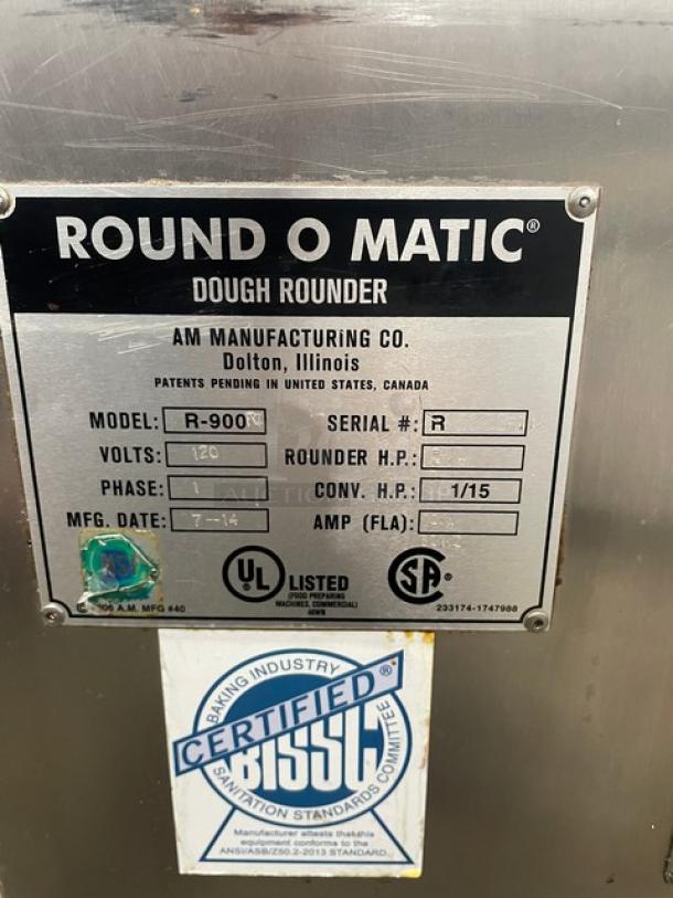 AM Manufacturing R900RT dough rounder, stainless steel, electric, 120V, 1 phase, on casters. Certified BISSC label visible.