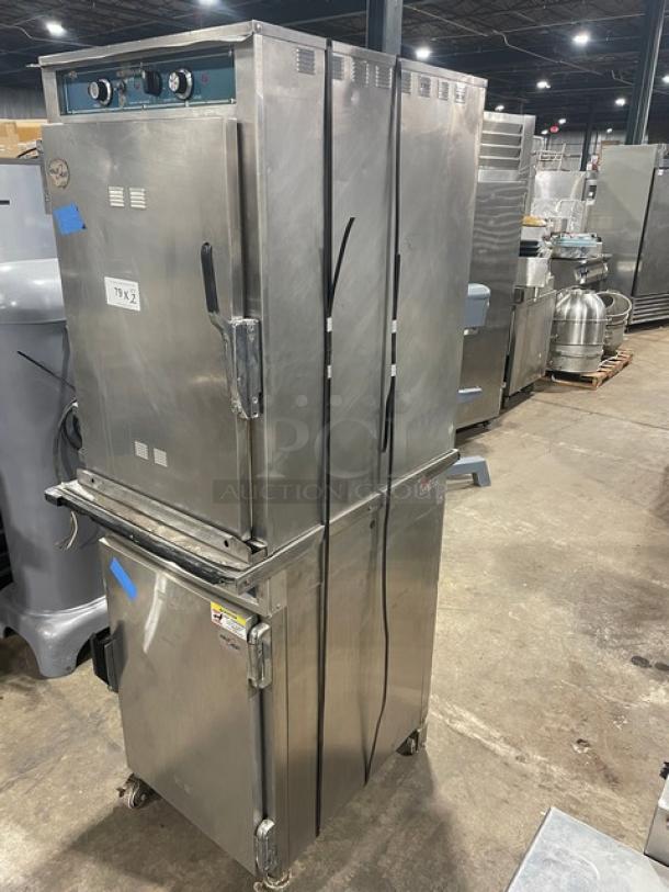 Alto-Shaam Halo Heat Series model 1000-TH/II double-stacked electric cook & hold oven, stainless steel, on casters, with wired racks.