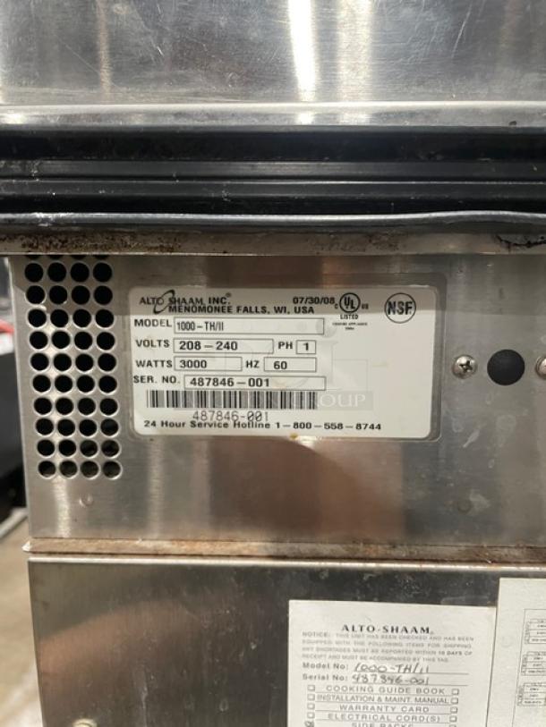 Alto-Shaam Model 1000-TH/II stainless steel cook & hold oven, electric, on casters, wired racks, 208-240V, SN: 487846-001.