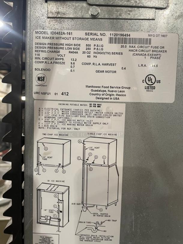 Manitowoc Indigo Series stainless steel ice maker model ID0452A-161. Shows Energy Star certification and serial number.