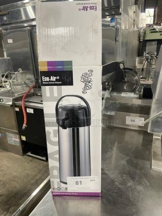 NEW Eco-Air commercial airpot, stainless steel, glass-lined, with black lid, in original packaging, model details visible.