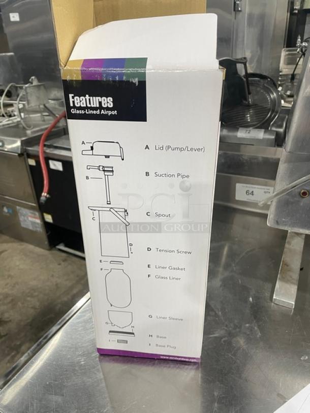 NEW Eco-Air Commercial Stainless Steel Glass Lined Airpot, black lid, features diagram on box, new condition.