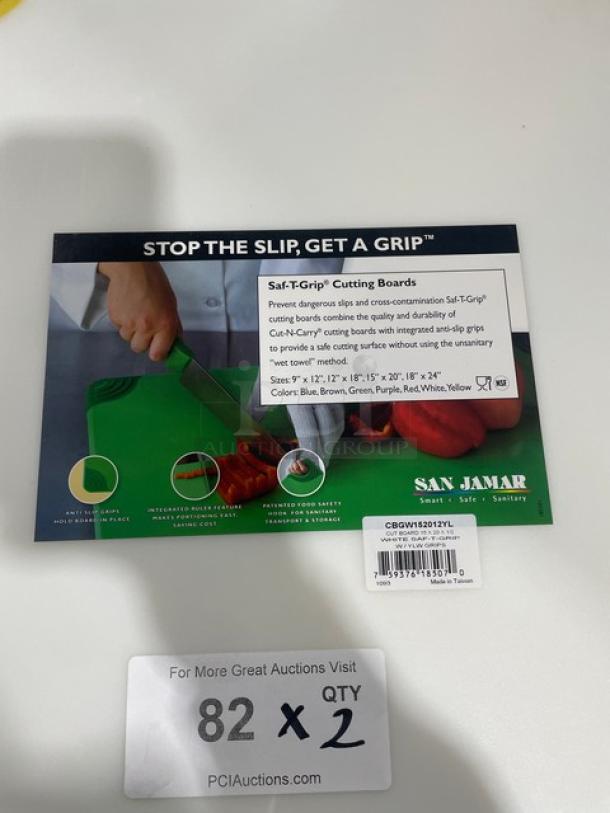 NEW San Jamar Saf-T-Grip cutting board, model CBGW152012YL, white with yellow anti-slip grip corners.