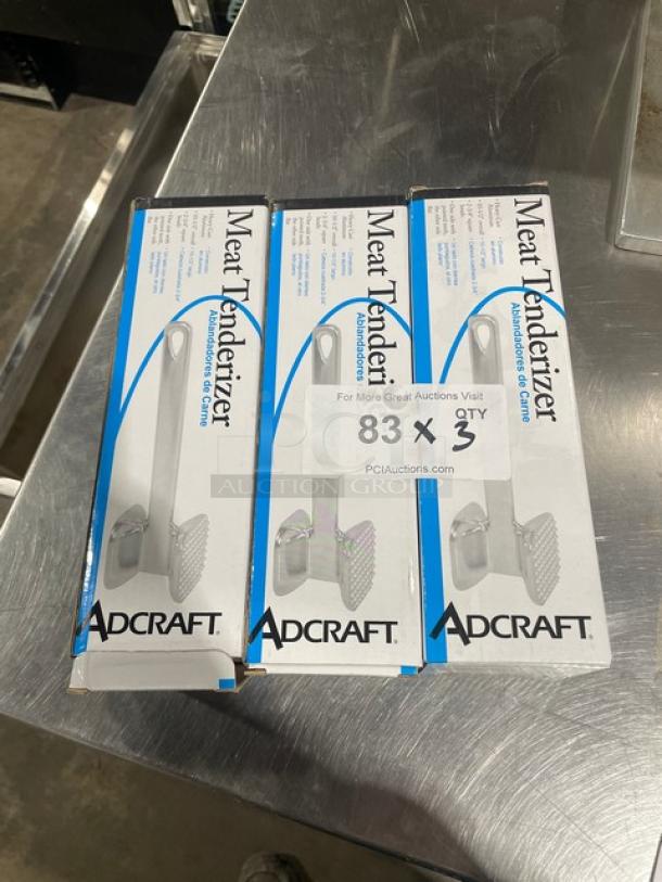 NEW Adcraft Commercial Aluminum Square Head Meat Tenderizer, Model MTA-10, in original packaging, set of three.