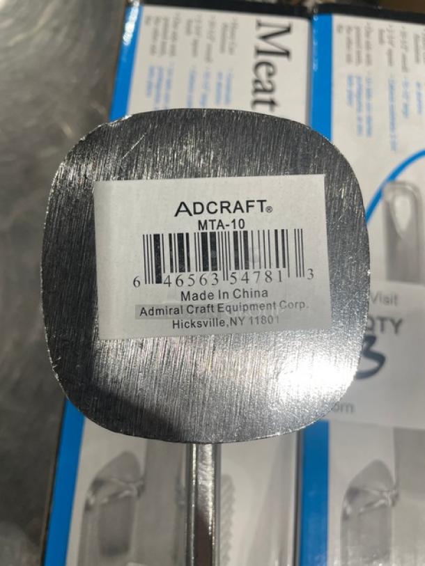 Adcraft MTA-10 Aluminum Meat Tenderizer, 2-3/4" square head, new condition, tag with barcode and manufacturer details visible.
