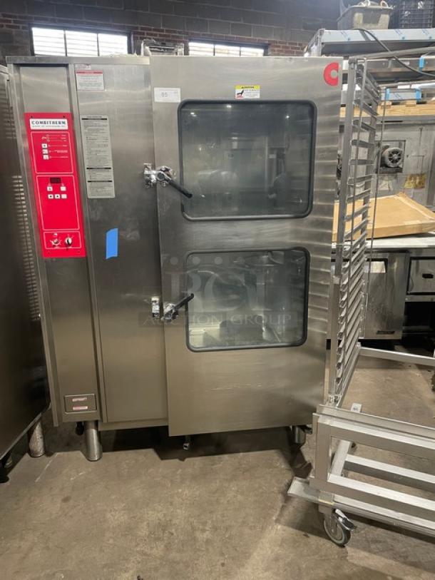Alto-Shaam Combitherm 2020G commercial stainless steel combi oven, full-height, natural gas, includes roll-in rack, on legs.