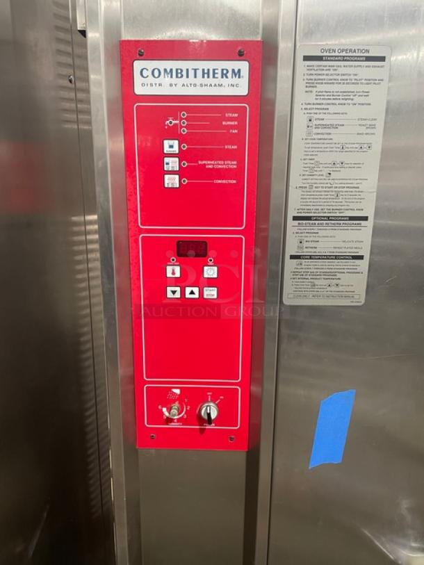 Alto-Shaam Combitherm 2020G commercial combi oven control panel, red panel with buttons and operation instructions.