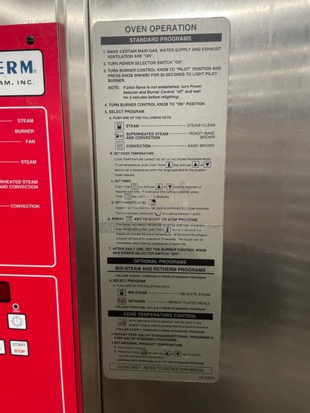 Alto-Shaam Combitherm 2020G commercial combi oven with operation panel, full roll-in rack, model and serial numbers visible.