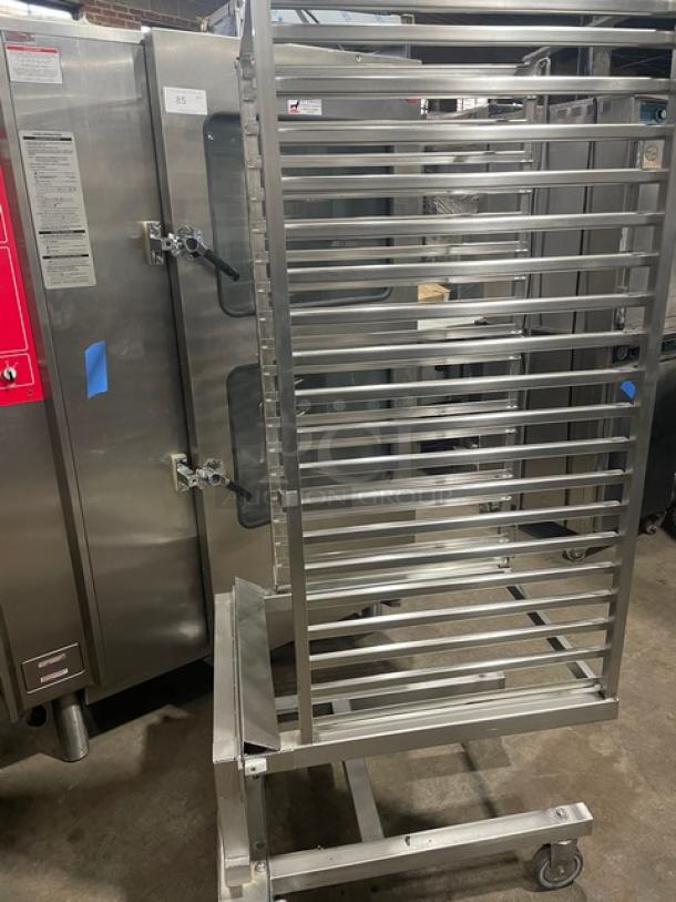Alto-Shaam Combitherm 2020G commercial stainless steel combi oven with full roll-in rack, natural gas powered, on legs.