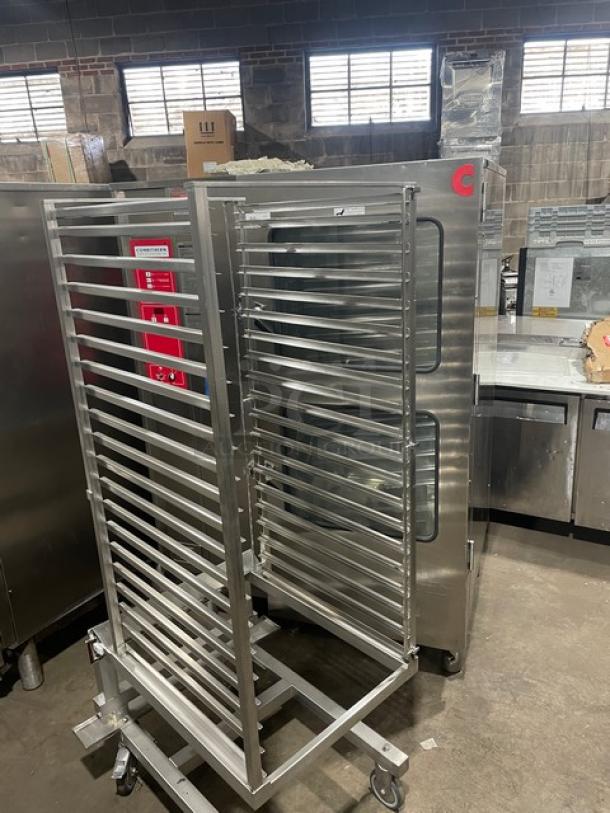 Alto-Shaam Combitherm Series 2020G full-height roll-in rack combi oven, stainless steel, natural gas, with rack, on legs.