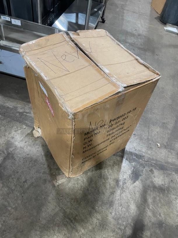 New Cozoc PW5002-10-18 Commercial Pizza Warmer in box. Red and black, electric powered, with round wire shelf, model PW5002-10-18.