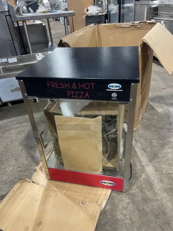 Cozoc PW5002-10-18 pizza warmer, red and black, electric, with round wire shelf, "Fresh & Hot Pizza" label, 120V, new condition.