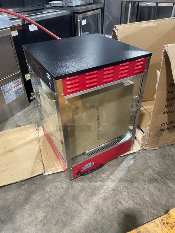 NEW Cozoc PW5002-10-18 countertop pizza warmer, red and black, round wire shelf, 120V, serial number 22040193.