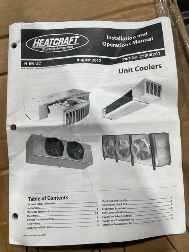 Heatcraft Commercial Reach-In Unit Cooler Model ULE068BEA, 230V 1 Phase, new condition. Includes installation manual.