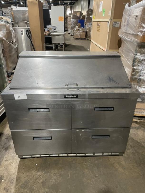 Delfield commercial refrigerated salad bar/sandwich prep table, stainless steel, with 4 refrigerated drawers underneath, used.