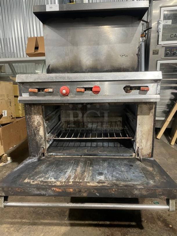 Vulcan commercial 6 burner range/oven combo, natural gas, stainless steel, overhead salamander, raised backsplash, on legs.
