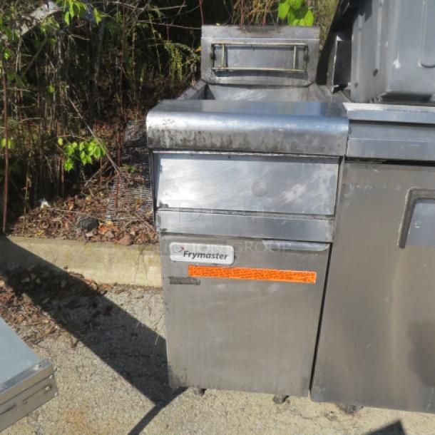 Frymaster natural gas deep fryer, Model PMJ135SD, stainless steel, size 16x32x43, used condition with visible wear.