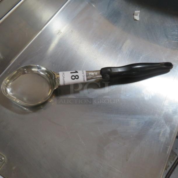 Vollrath 4oz Spoodle, Model 6412420, new condition, black handle, stainless steel, marked #18.