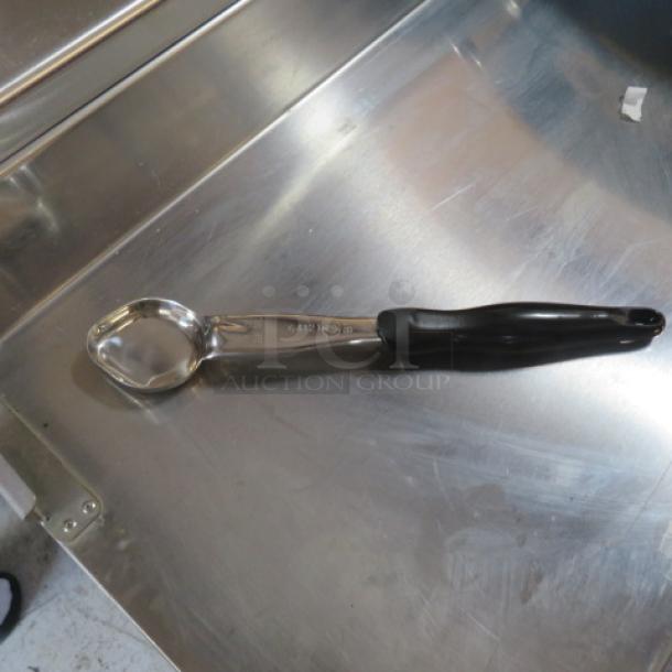 Vollrath 1oz Spoodle #6412420, new, stainless steel with black ergonomic handle, visible model number on handle.