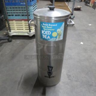 Bunn Stainless Steel Tea Satellite with lid, features branding for iced tea, in good condition, includes side handles and spout.