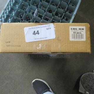Box containing 72 new 9-inch black poly ladles, sealed and labeled LDL-BK. Visible auction tag indicates quantity and lot number.