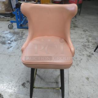 AWESOME VINTAGE LOOK Pink Cushioned Counter Height Bar Stool With Nail Head Trim, And Tufted Back, With A Gold Footrest. 2XBID - Item #1219105