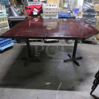 Wooden table top with dual bar height base, dimension 62x56x43 inches, glossy finish, minor surface wear.