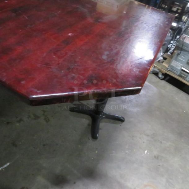 Wooden table top on dual black bar height base, 62x56x43, polished surface, signs of wear, sturdy condition.