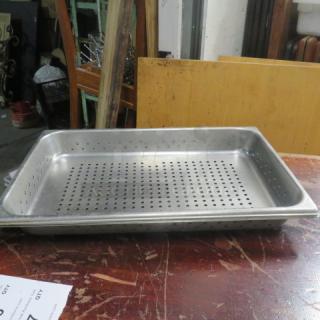 Perforated full-size hotel pan, 2.5-inch deep, stainless steel, in good condition. Suitable for commercial kitchen use.