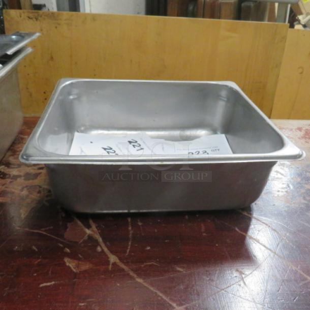 1/2 Size 4 Inch Deep Hotel Pan, stainless steel, used condition, visible label with auction number 221.