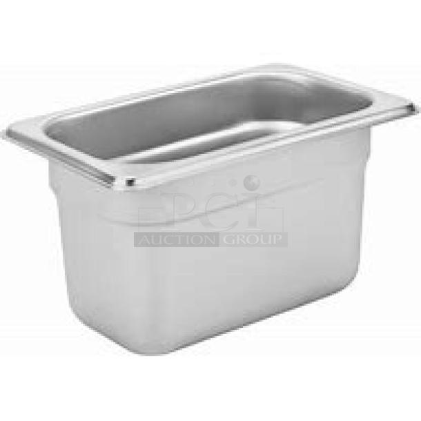 Stainless steel 1/9 size hotel pan, 4 inches deep, durable, with smooth edges. Suitable for professional kitchens.