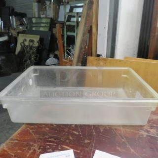 Clear 8.75-gallon rectangular food storage container, used condition, translucent plastic with minor scuffs, no visible labels.