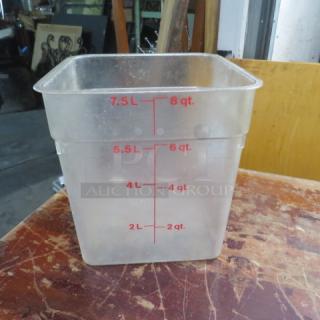 8 Quart food storage container, clear plastic with red measurement markings. Appears gently used.