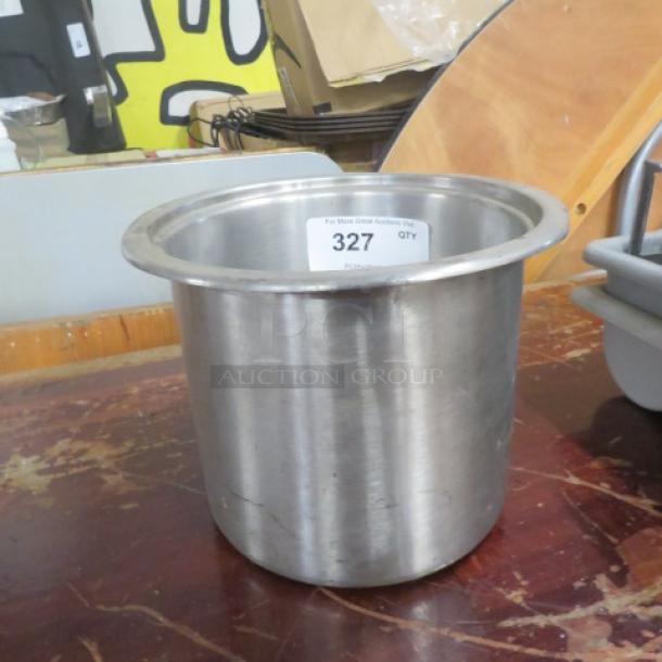 Stainless steel Bain Marie in good condition, round shape, visible label with item number 327, placed on a wooden surface.