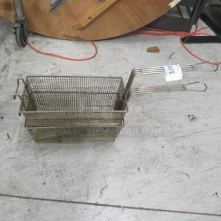 Stainless steel deep fry basket, dual unit, 2XBID model. Used condition with visible handle and price tag attached.