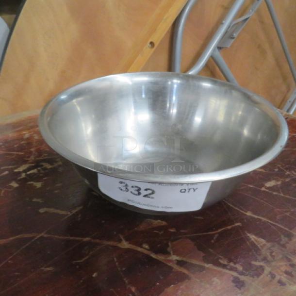 11-inch stainless steel mixing bowl, gently used, auction tag reads "332 QTY."