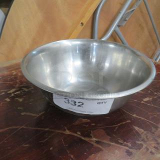 11-inch stainless steel mixing bowl, gently used, auction tag reads "332 QTY."