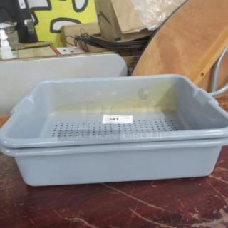 Gray perforated bussing tub with handles, labeled "341," in used condition. Suitable for efficient draining tasks.