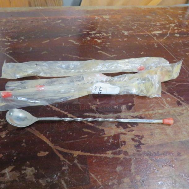 NEW Swizzle Spoon with twisted handle and red tip. Includes three wrapped spare spoons. Model 4XBID.