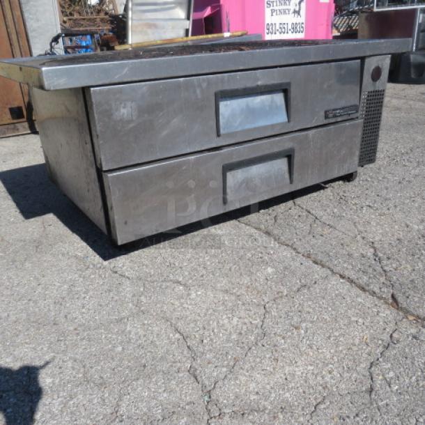 True 2 Drawer Chef Base on Casters, Model TRCB-52-60. Measures 60x32x25 inches. Stainless steel exterior, 115 Volt.