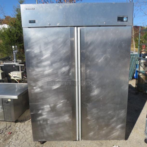 Hoshizaki Model CF2B-FS stainless steel 2-door freezer on casters, 115V, dimensions 54x34x79.5 inches.