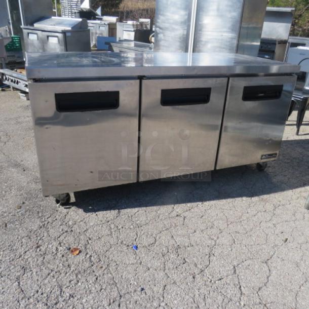 Blue Air 3-door worktop refrigerator model BLUR72, stainless steel, on casters, includes 3 racks, 72x30x36 inches, 115 Volt.