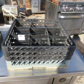 Black plastic dishwasher rack with grid design, used condition. Number "8" tag attached, suitable for commercial use.