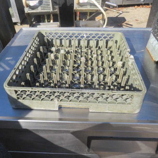 Vintage dishwasher rack, square shape, with multiple prongs, used condition, ideal for glassware organization.