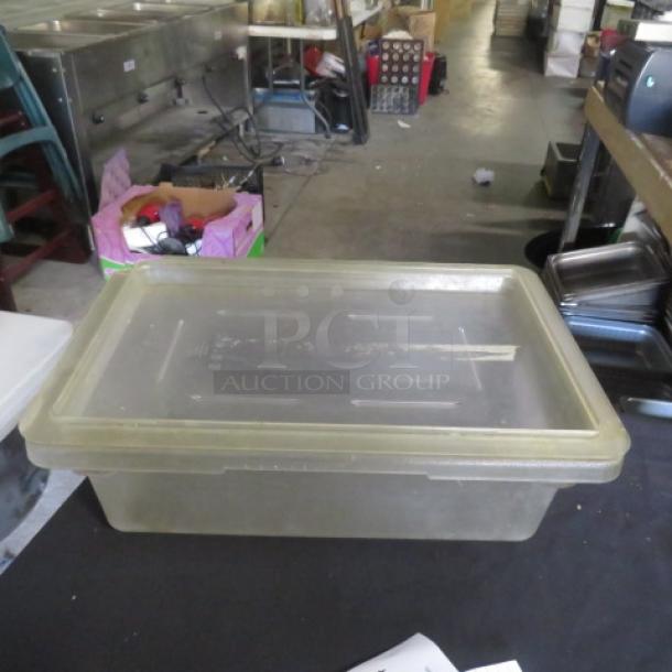 Cambro 3-gallon food storage container with lid, made of durable plastic, in used condition.